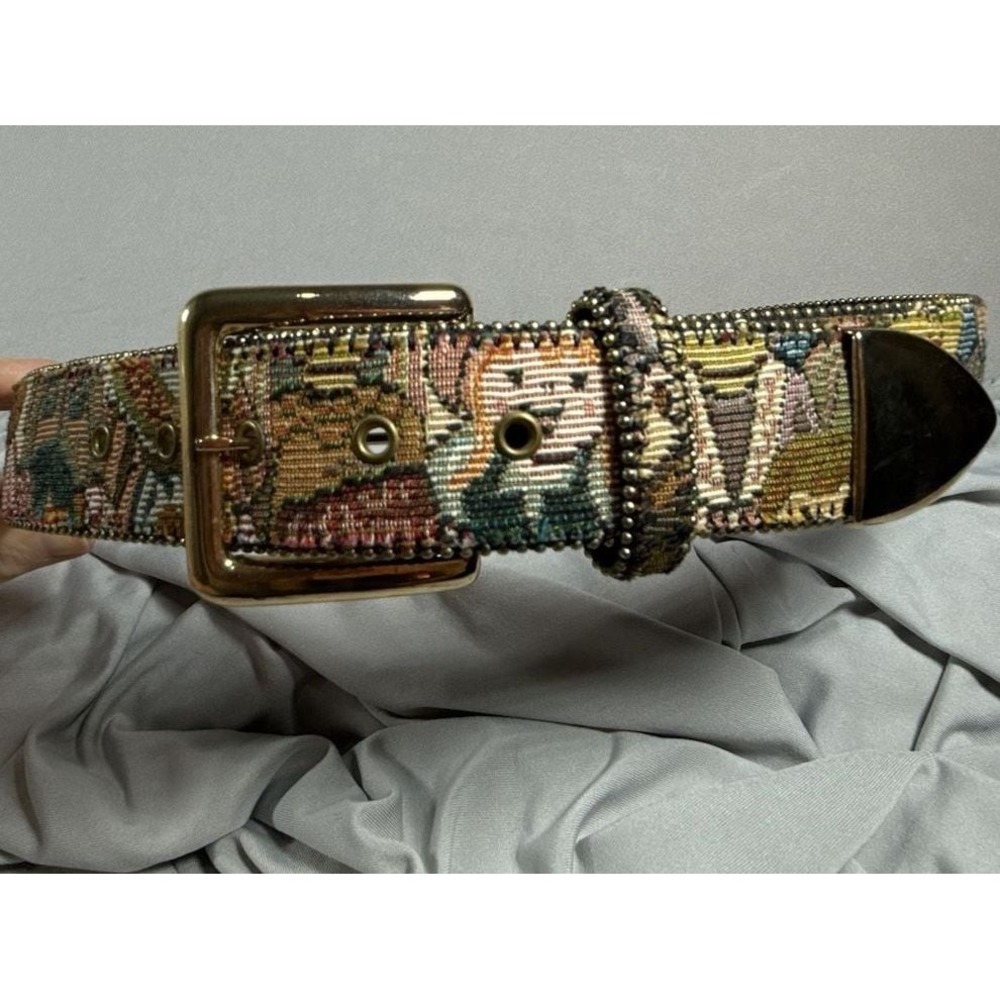 Paul Harris Vintage Tapestry Pattern Beaded Bonded Leather Belt Size S/M